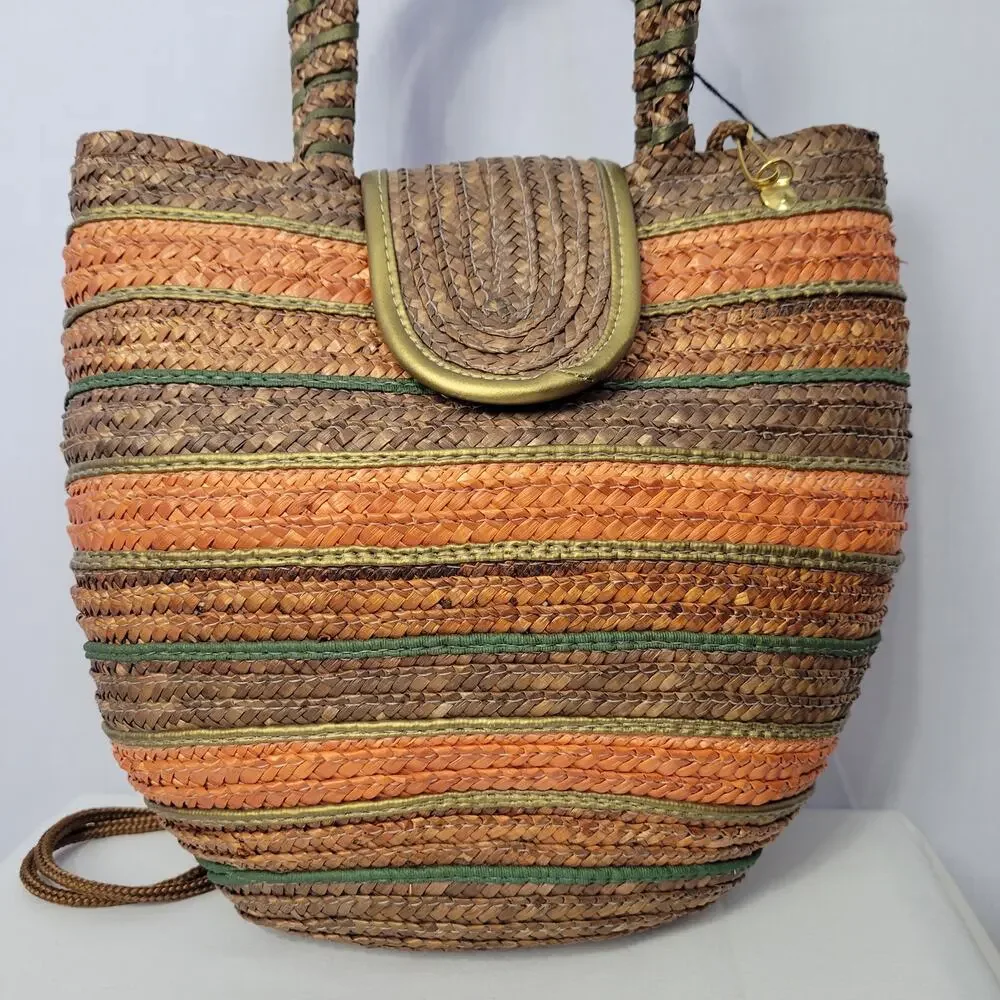 Vintage 90s Striped Straw Shoulder Hand Bag Multicolor Boho Beachy Vacation, New